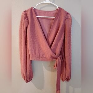 Women's Swiss Clip Dot Wrap Top Blouse M Chiffon Mauve Dusty Rose Boho SHEIN